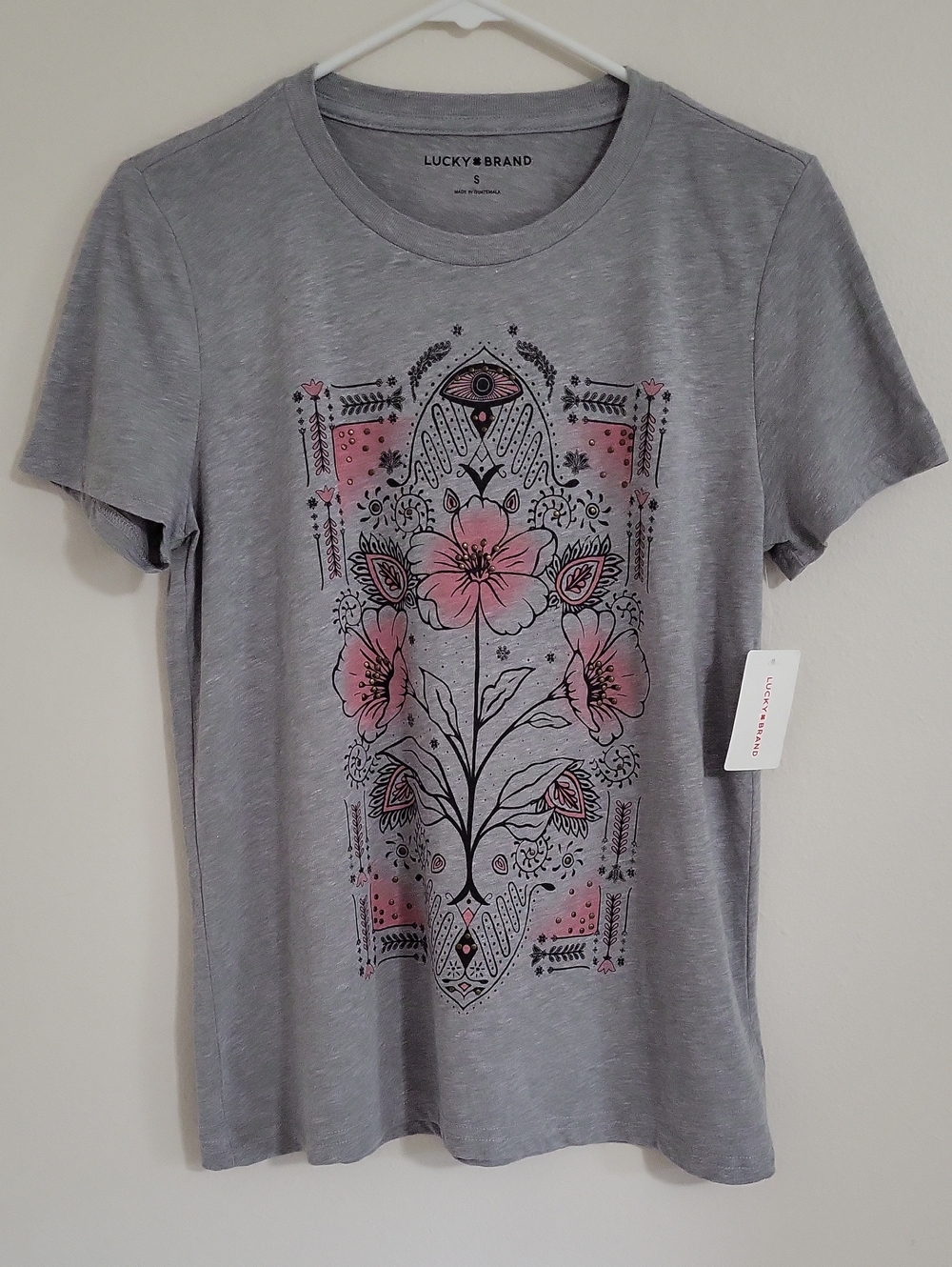 Lucky Brand Women's Gray Tee with Pink Floral Graphic-stud Accents